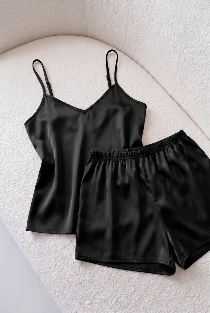 Ensemble de pyjama satin noir, élégant et confortable, idéal pour des nuits relaxantes en tenue d'intérieur raffinée.
