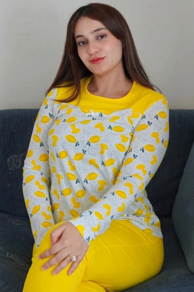 Coton-limon-pantalon-papillo Pyjama coton à motifs citrons jaunes, manches longues, confortable tenue d'intérieur colorée.