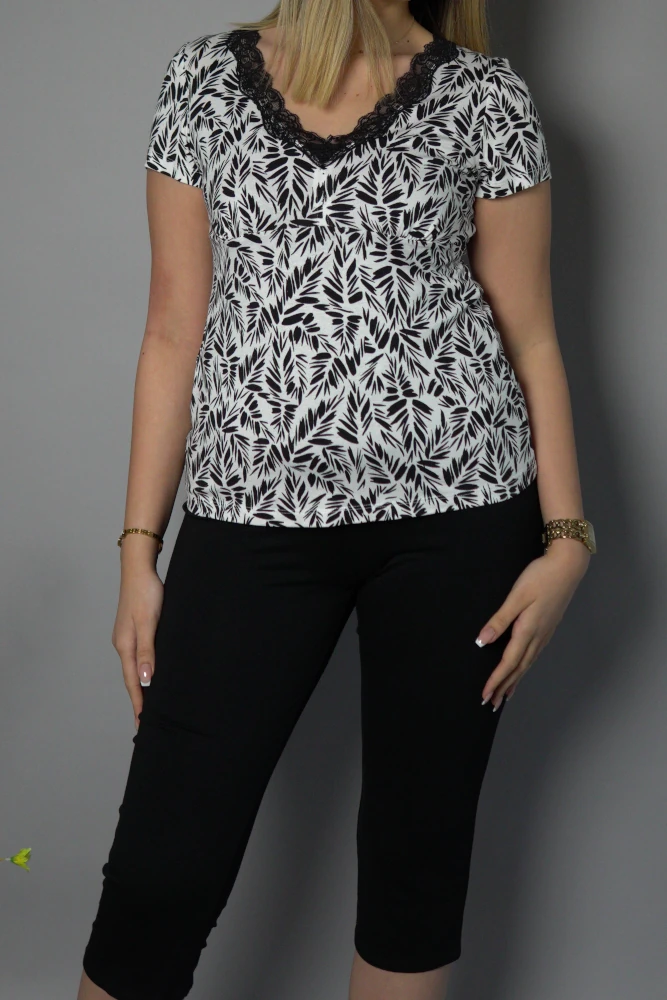 VIS-noir-panta Pyjama noir et blanc à motifs, dentelle élégante, tenue d'intérieur confortable.