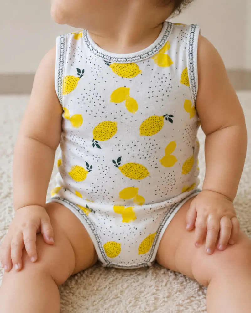 Pyjama en coton doux à motifs citrons, idéal pour une tenue d'intérieur confortable et estivale pour enfants.