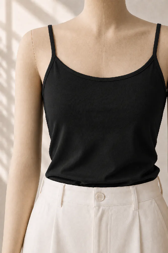 noir-essential-spaghetti-strap-tank-top-label-detail Délicat pyjama satin noir en jersey léger, style moderne, idéal pour une tenue d'intérieur élégante et confortable.