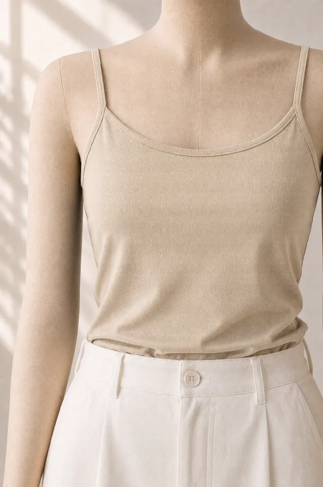 nude-beige-essential-spaghetti-strap-tank-top-styled-on-mannequin Pyjama satin beige léger, chic et élégant, parfait pour une tenue d'intérieur confortable et raffinée.