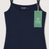 top-fines-bretelles-essential-colr-blue-coton Délicat top en coton bio bleu marine, style simple, idéal comme vêtement de nuit confortable ou tenue d'intérieur chic.